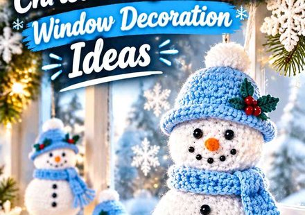 Crochet Frost Blue and Pearl White Christmas Snowman Window Decoration Ideas