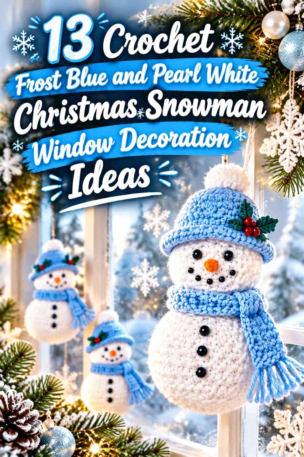 Crochet Frost Blue and Pearl White Christmas Snowman Window Decoration Ideas
