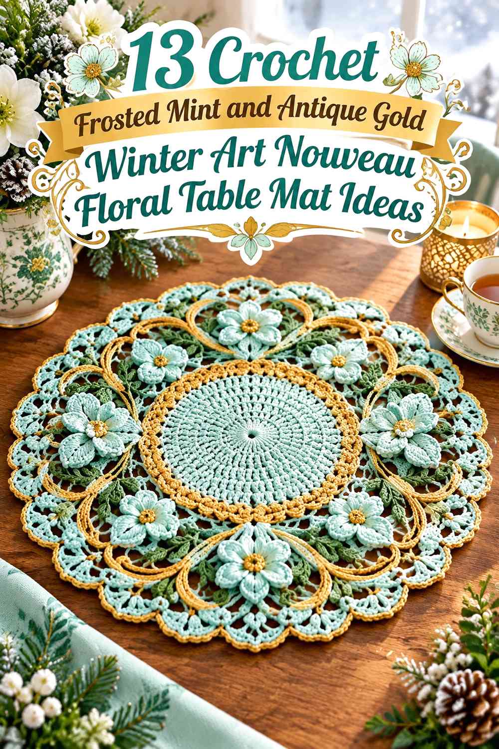 Crochet Frosted Mint and Antique Gold Winter Art Nouveau Floral Table Mat Ideas