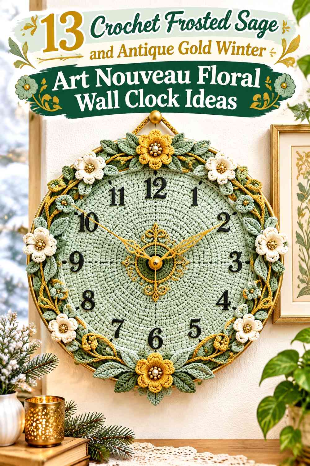 Crochet Frosted Sage and Antique Gold Winter Art Nouveau Floral Wall Clock Ideas
