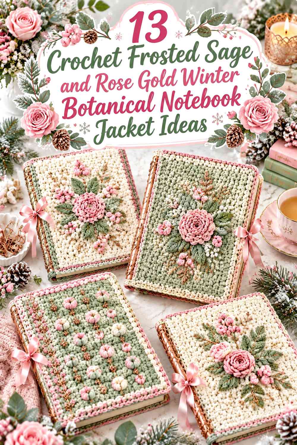 Crochet Frosted Sage and Rose Gold Winter Botanical Notebook Jacket Ideas