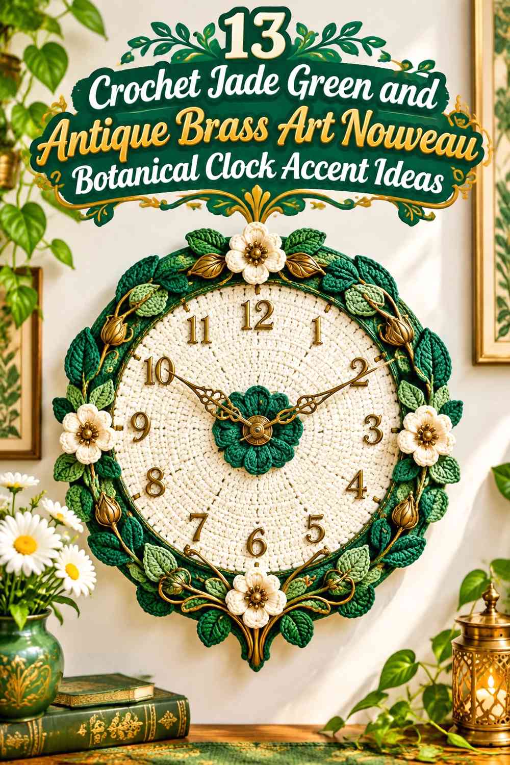 Crochet Jade Green and Antique Brass Art Nouveau Botanical Clock Accent Ideas