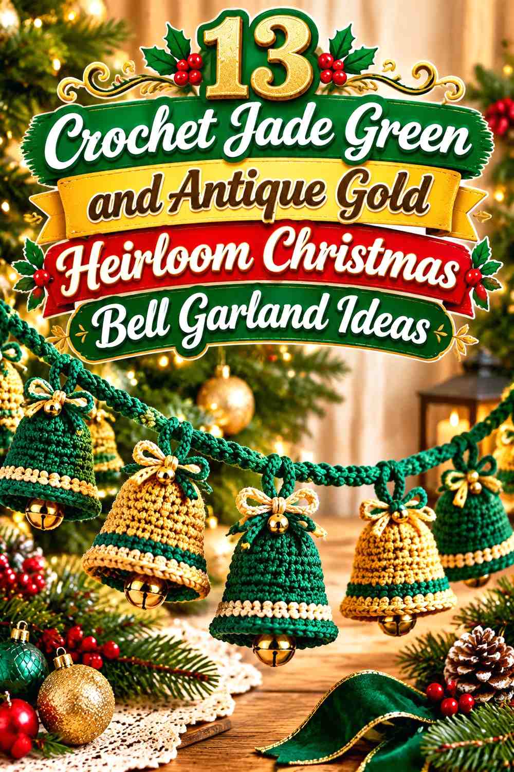 Crochet Jade Green and Antique Gold Heirloom Christmas Bell Garland Ideas