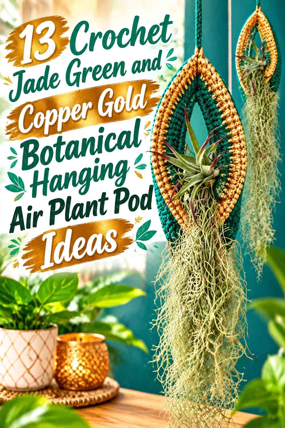 Crochet Jade Green and Copper Gold Botanical Hanging Air Plant Pod Ideas