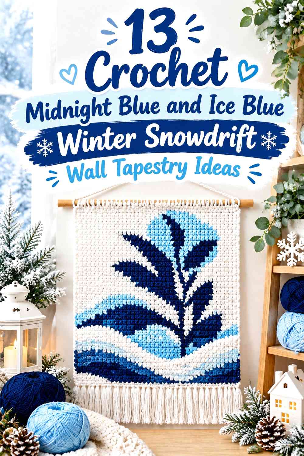 Crochet Midnight Blue and Ice Blue Winter Snowdrift Wall Tapestry Ideas
