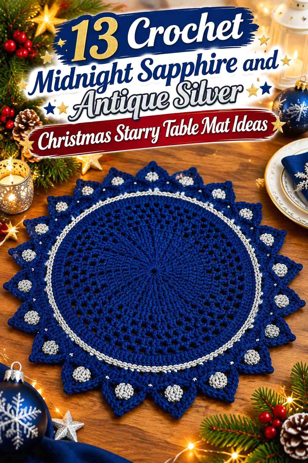 Crochet Midnight Sapphire and Antique Silver Christmas Starry Table Mat Ideas