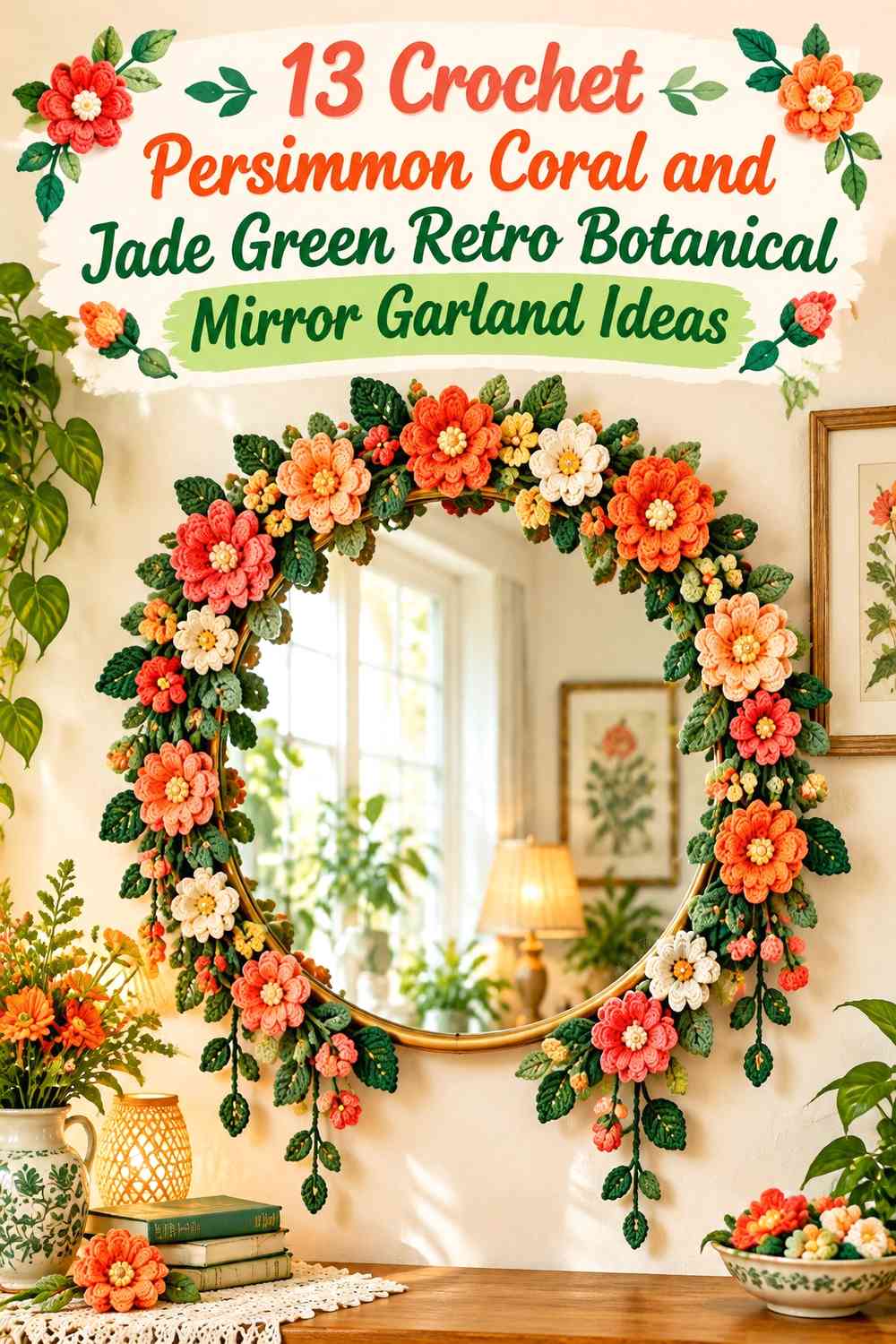 Crochet Persimmon Coral and Jade Green Retro Botanical Mirror Garland Ideas