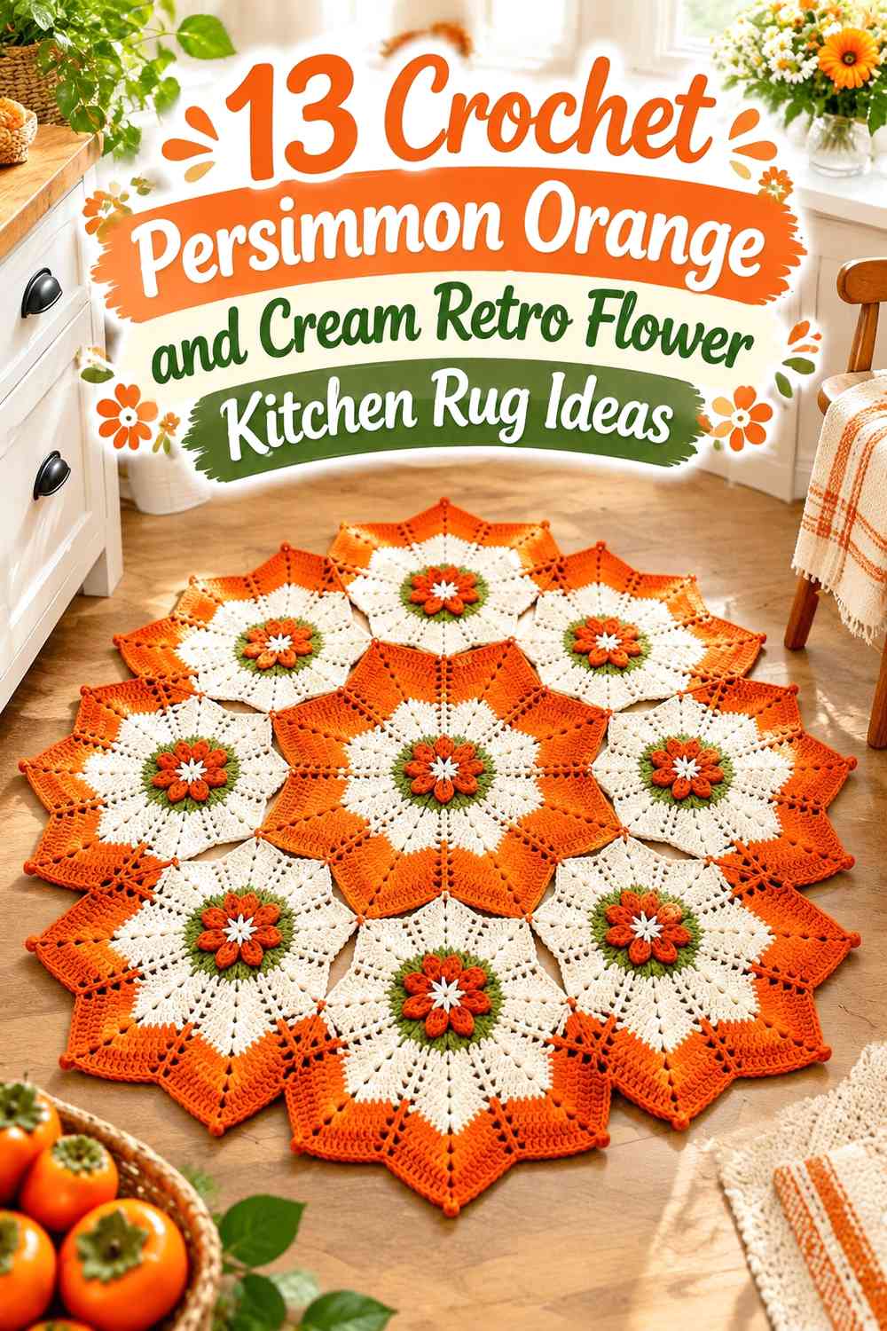 Crochet Persimmon Orange and Cream Retro Flower Kitchen Rug Ideas