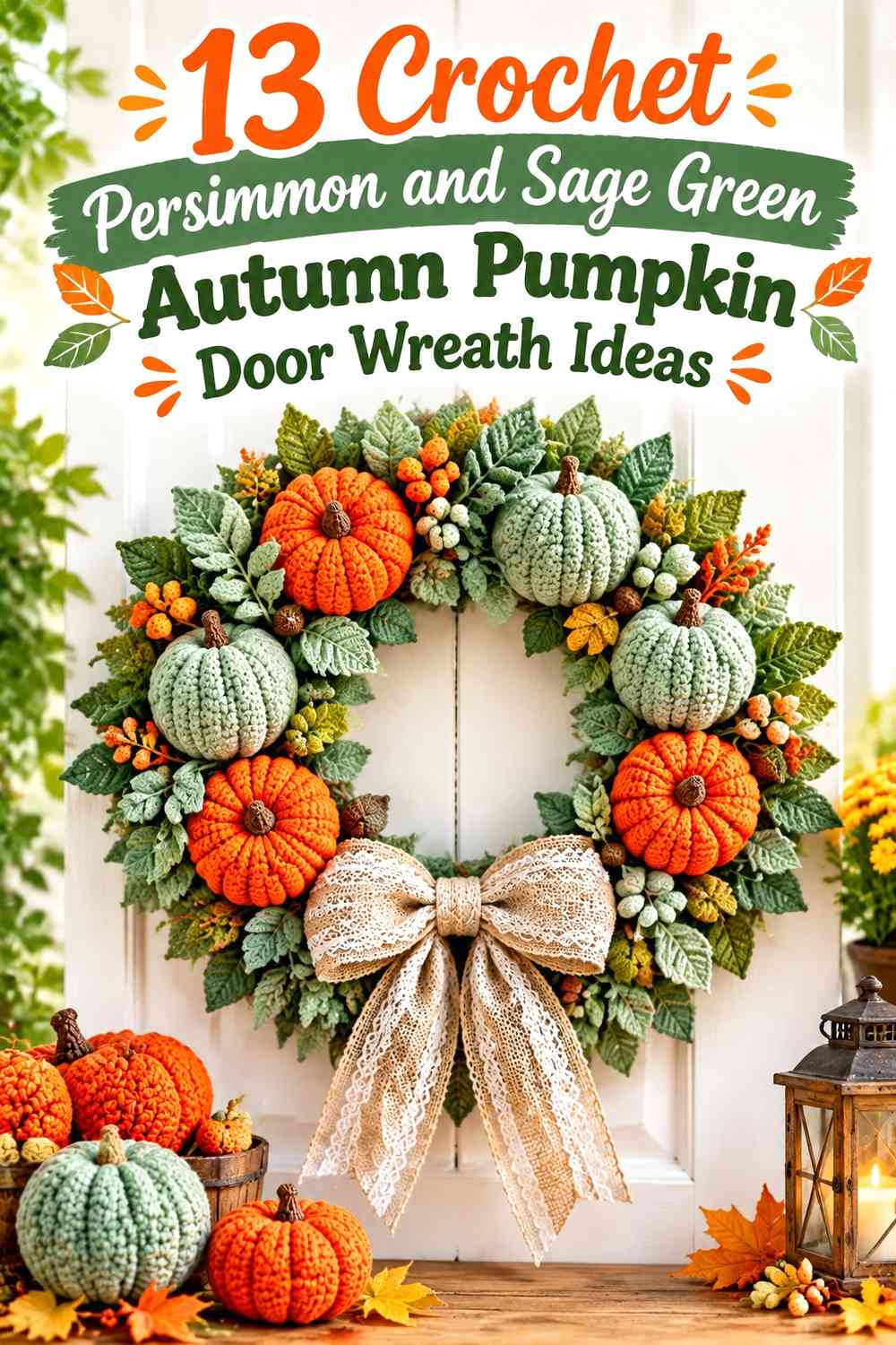 Crochet Persimmon and Sage Green Autumn Pumpkin Door Wreath Ideas