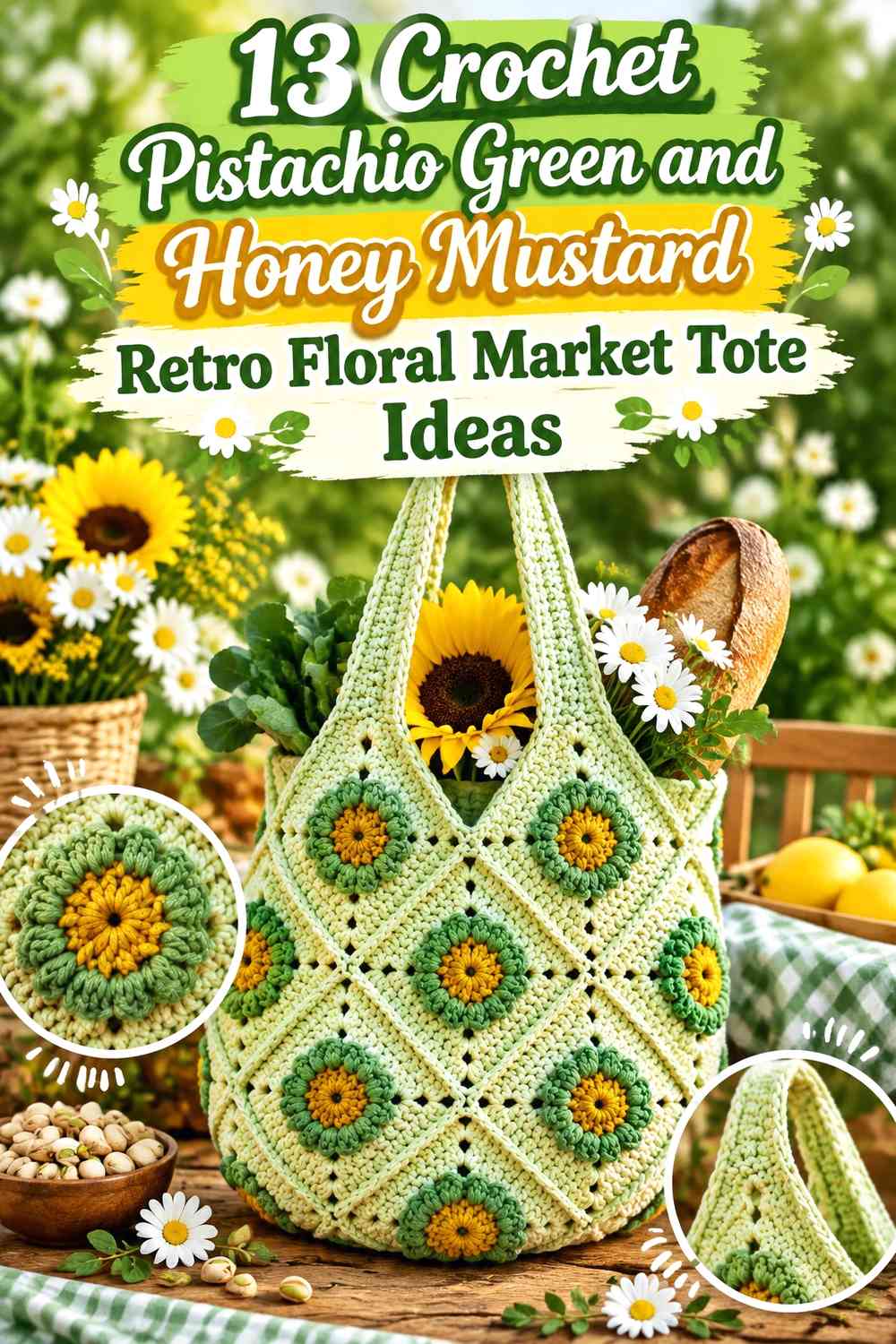 Crochet Pistachio Green and Honey Mustard Retro Floral Market Tote Ideas