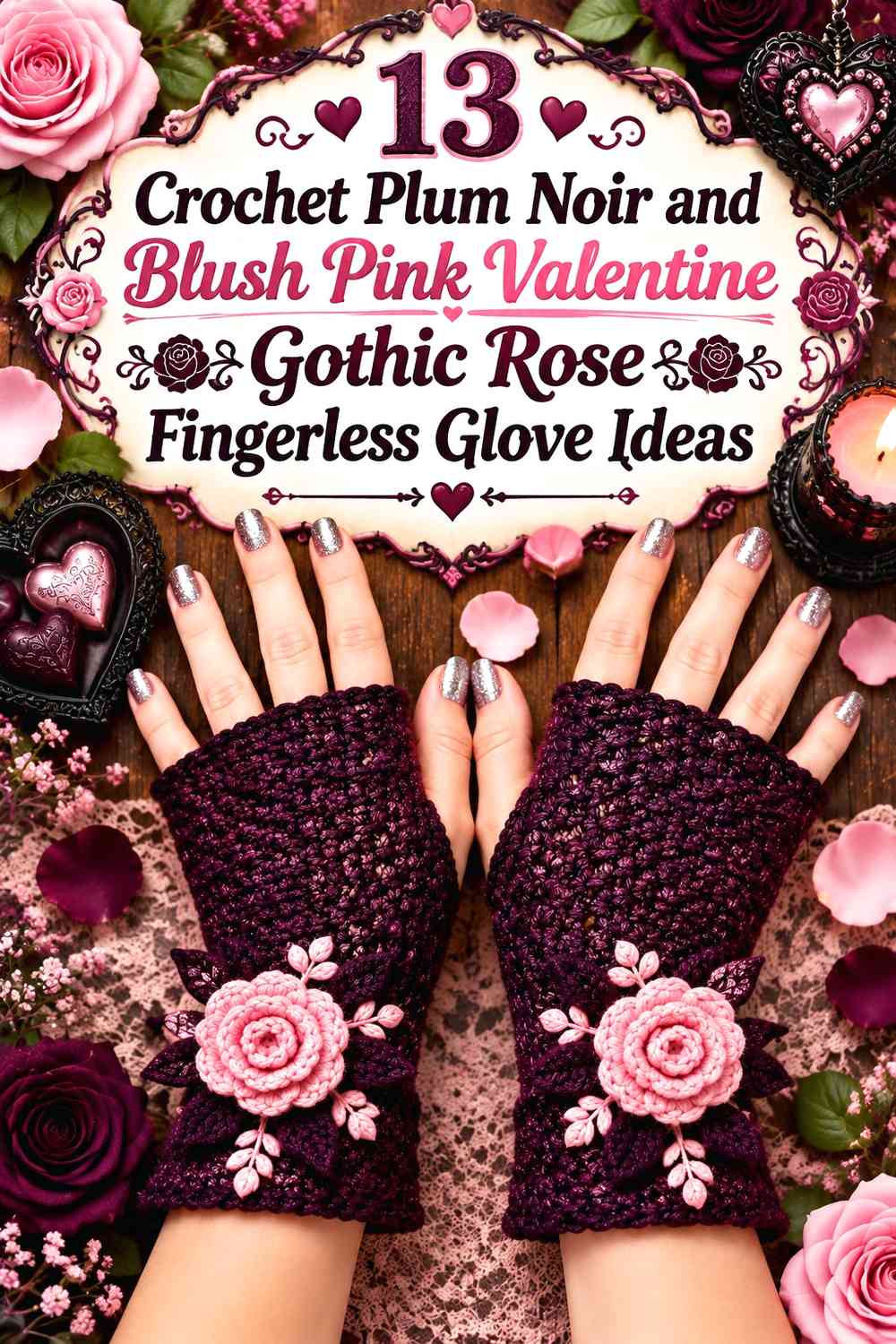 Crochet Plum Noir and Blush Pink Valentine Gothic Rose Fingerless Glove Ideas