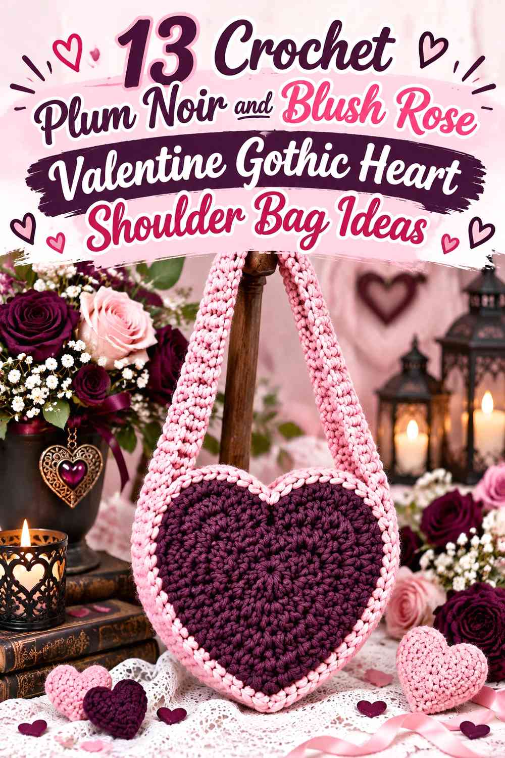 Crochet Plum Noir and Blush Rose Valentine Gothic Heart Shoulder Bag Ideas