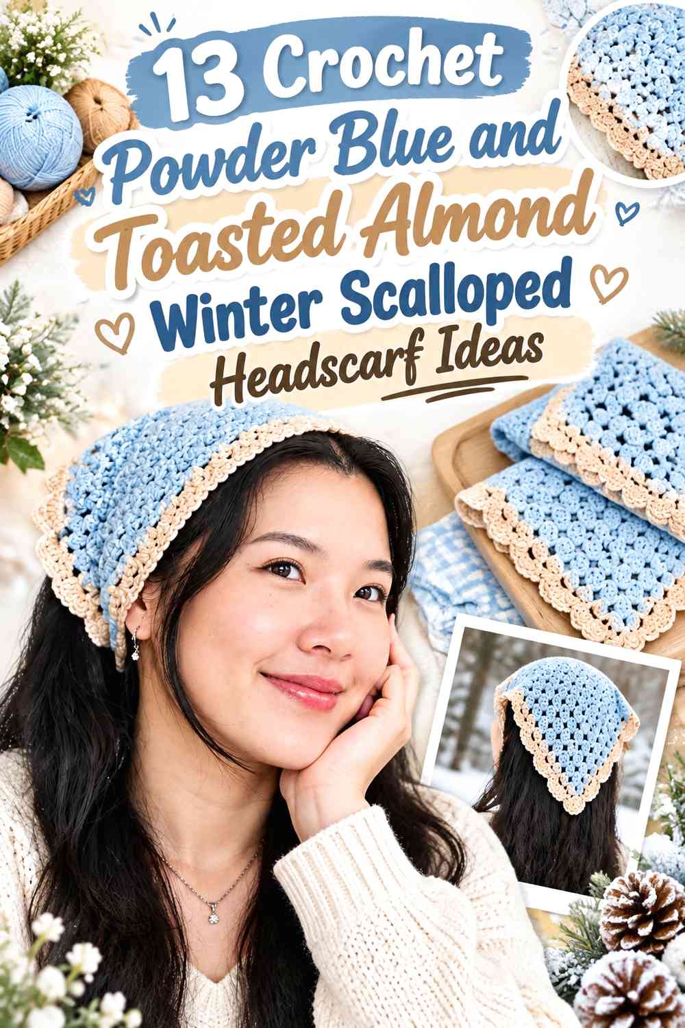 Crochet Powder Blue and Toasted Almond Winter Scalloped Headscarf Ideas