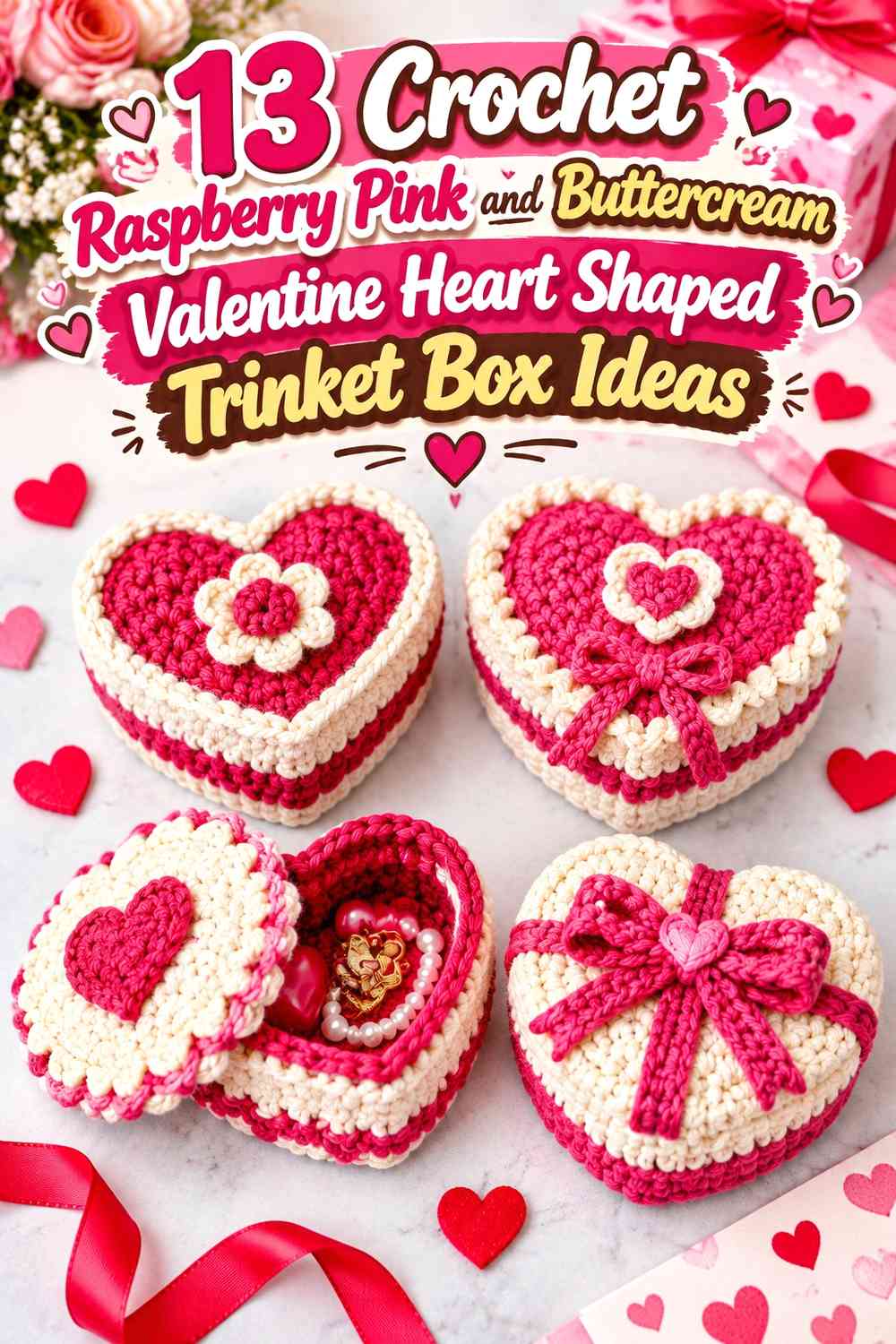 Crochet Raspberry Pink and Buttercream Valentine Heart Shaped Trinket Box Ideas