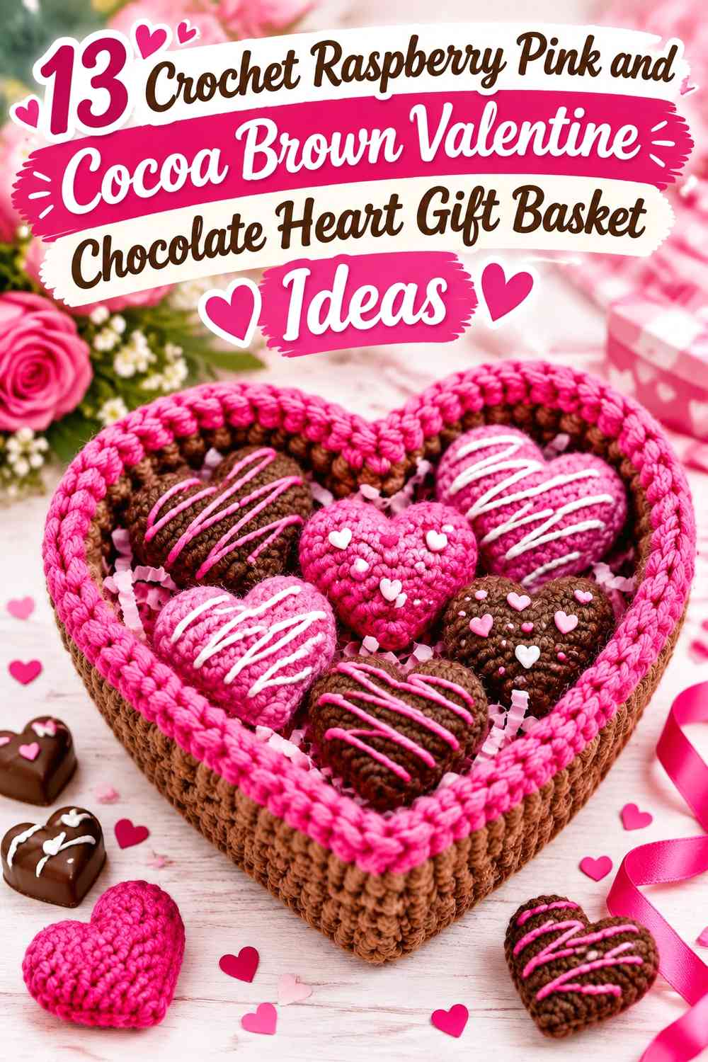 Crochet Raspberry Pink and Cocoa Brown Valentine Chocolate Heart Gift Basket Ideas