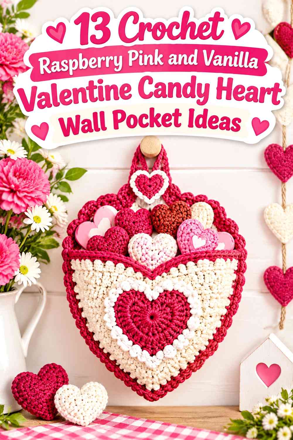 Crochet Raspberry Pink and Vanilla Valentine Candy Heart Wall Pocket Ideas