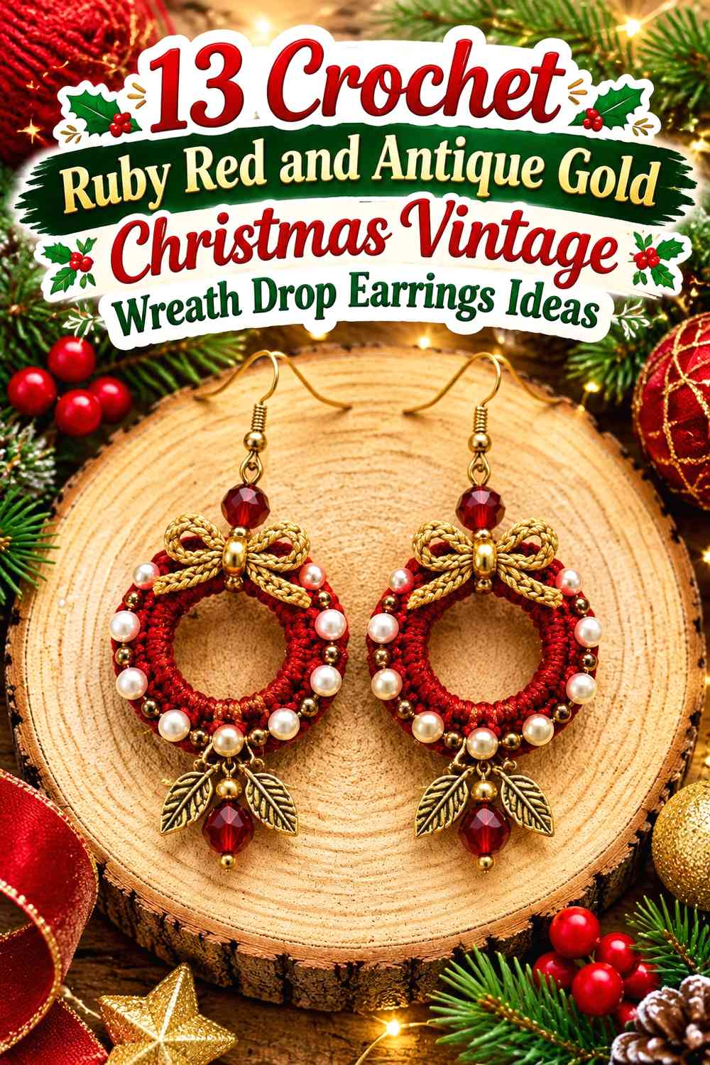 Crochet Ruby Red and Antique Gold Christmas Vintage Wreath Drop Earrings Ideas