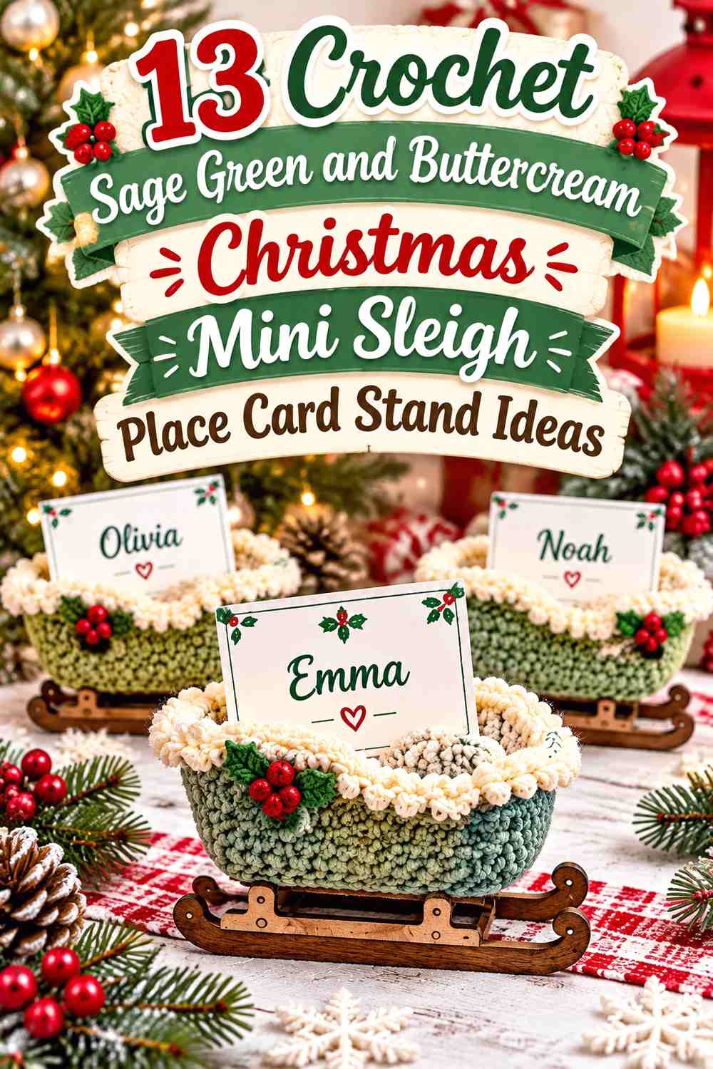 Crochet Sage Green and Buttercream Christmas Mini Sleigh Place Card Stand Ideas