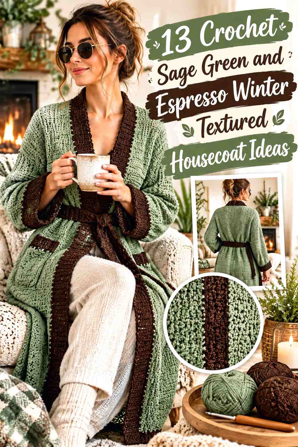 Crochet Sage Green and Espresso Winter Textured Housecoat Ideas