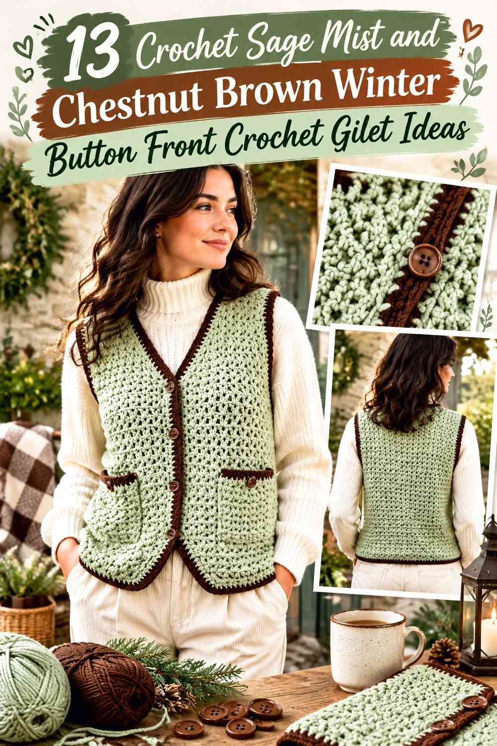 Crochet Sage Mist and Chestnut Brown Winter Button Front Crochet Gilet Ideas