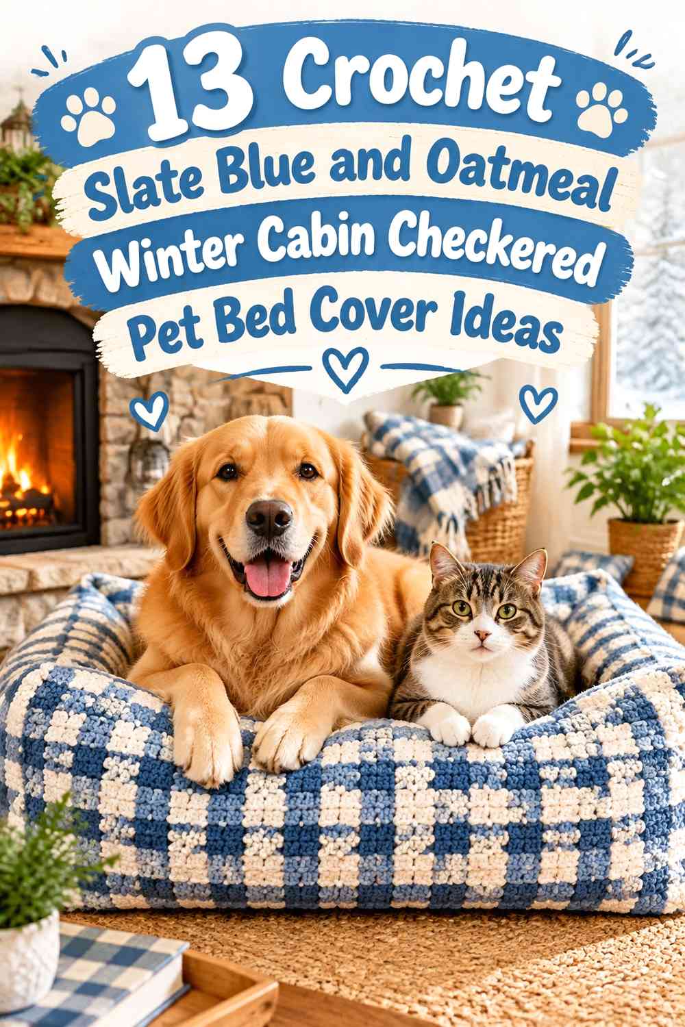 Crochet Slate Blue and Oatmeal Winter Cabin Checkered Pet Bed Cover Ideas