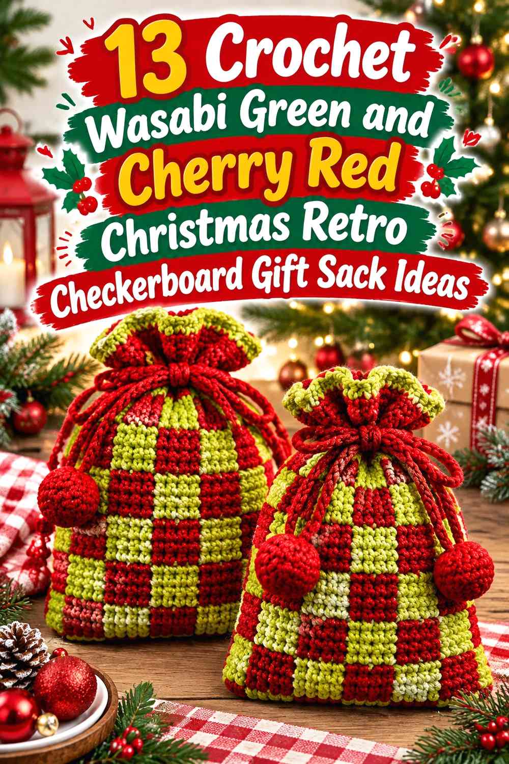 Crochet Wasabi Green and Cherry Red Christmas Retro Checkerboard Gift Sack Ideas