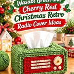 Wasabi Green and Cherry Red Christmas Crochet Radio Cover With Cream Retro Accents