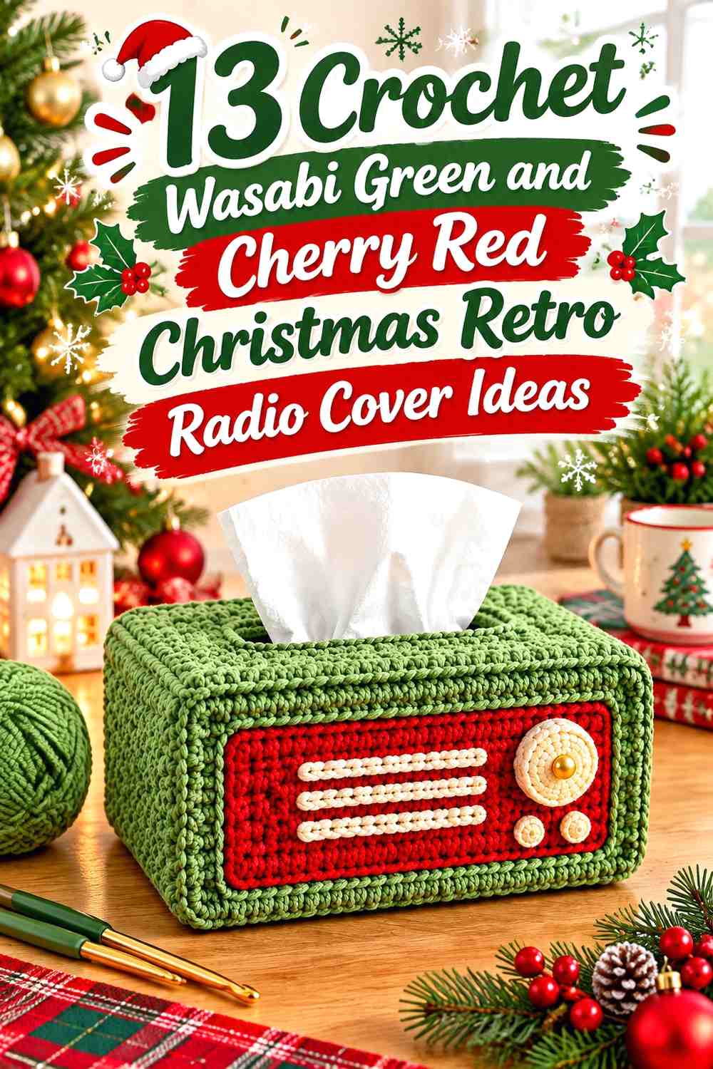 Wasabi Green and Cherry Red Christmas Crochet Radio Cover With Cream Retro Accents