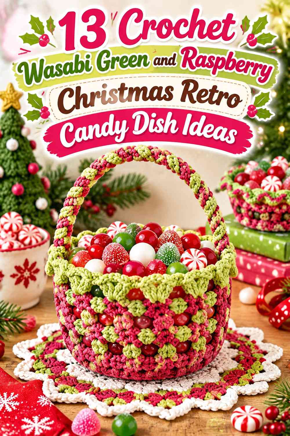 Crochet Wasabi Green and Raspberry Christmas Retro Candy Dish Ideas