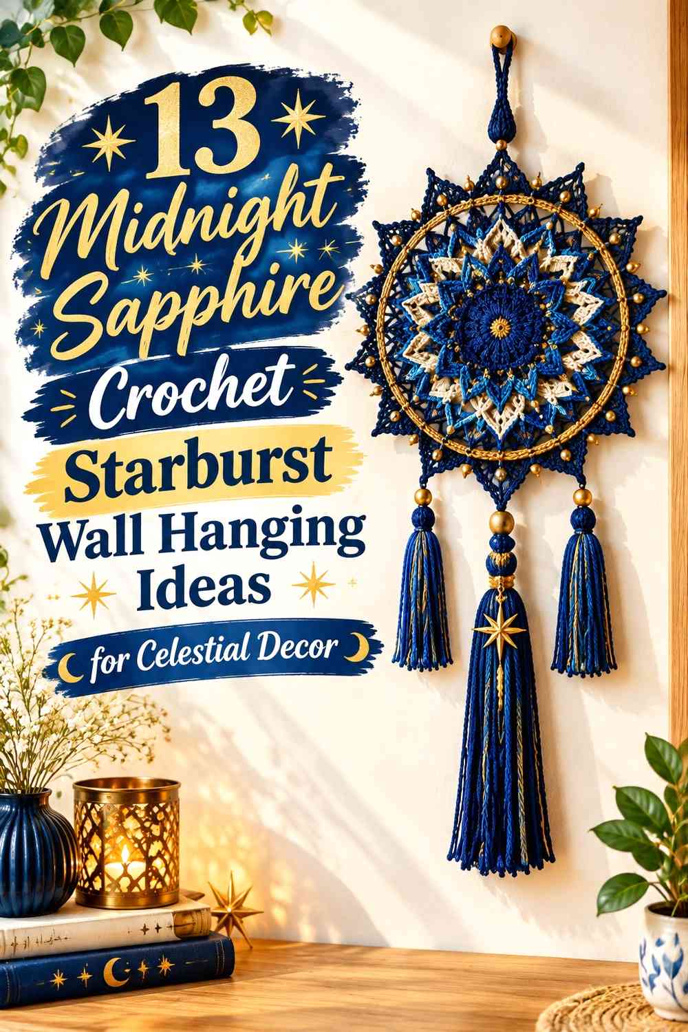 Midnight Sapphire Crochet Starburst Wall Hanging Ideas for Celestial Decor
