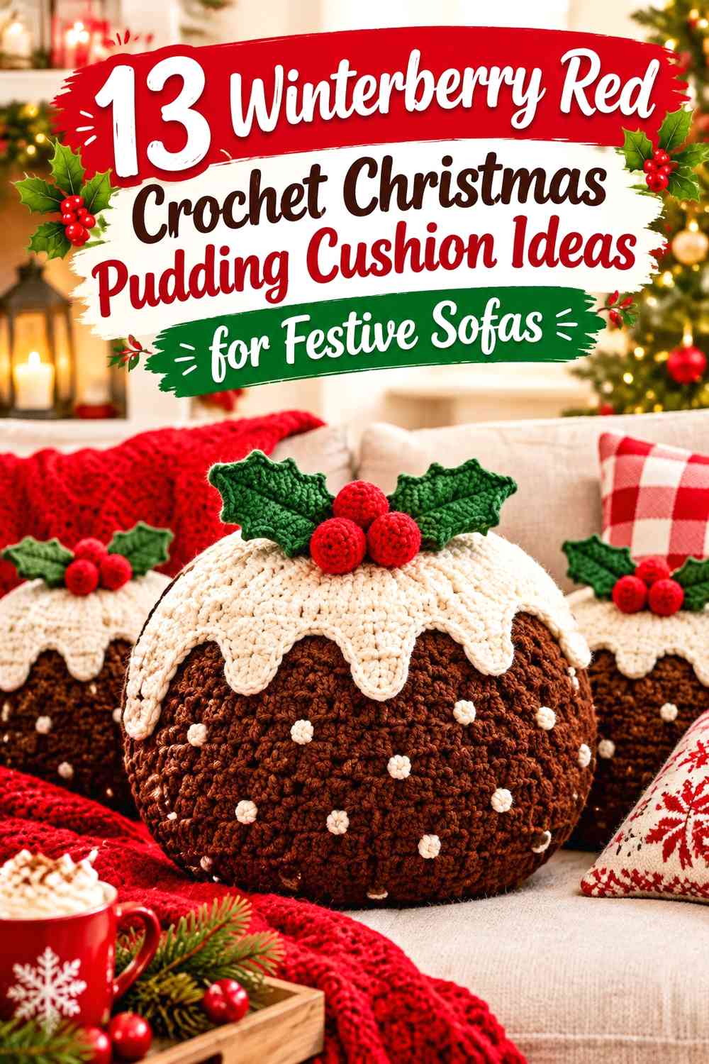 Winterberry Red Crochet Christmas Pudding Cushion Ideas for Festive Sofas