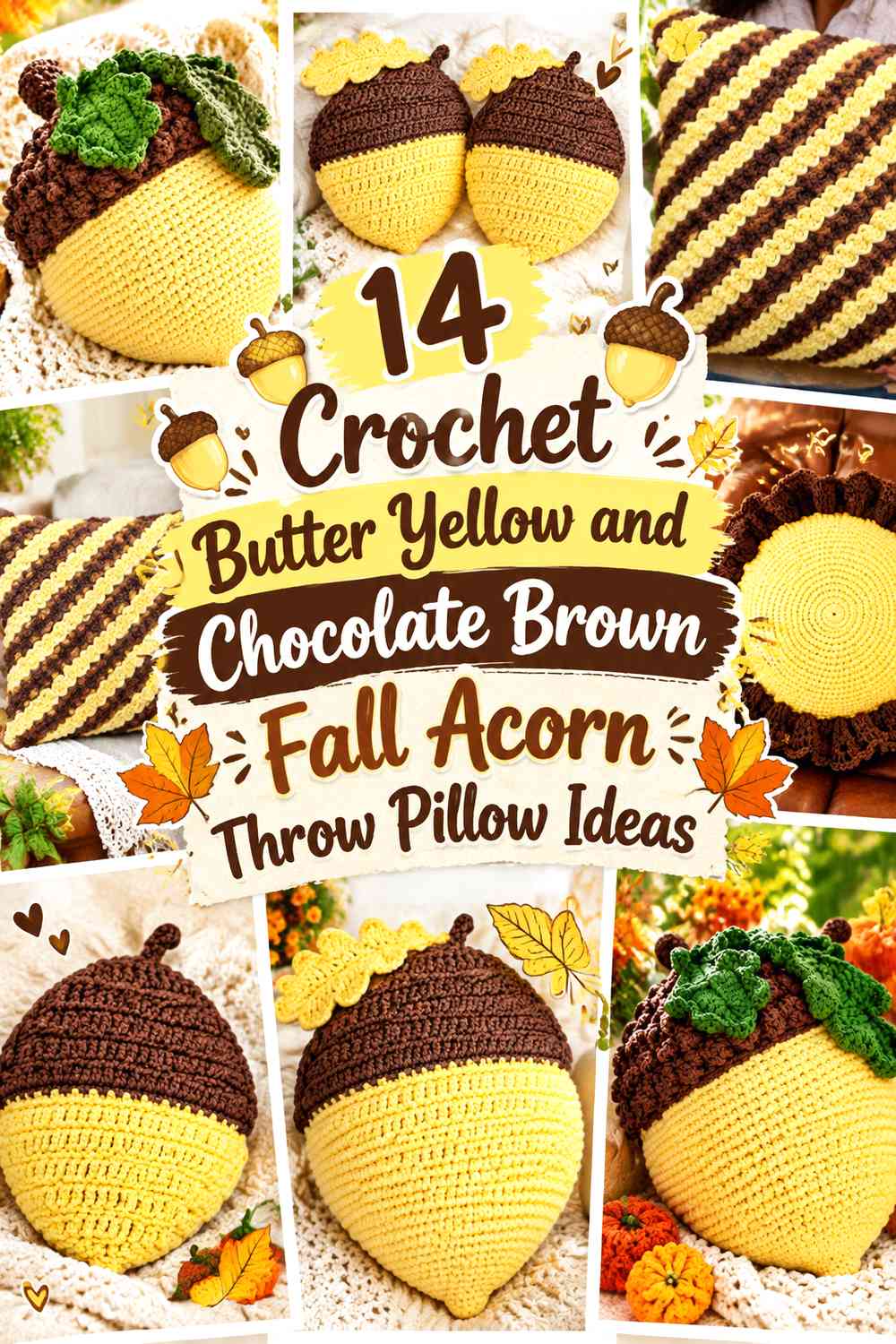 Crochet Butter Yellow and Chocolate Brown Fall Acorn Throw Pillow Ideas