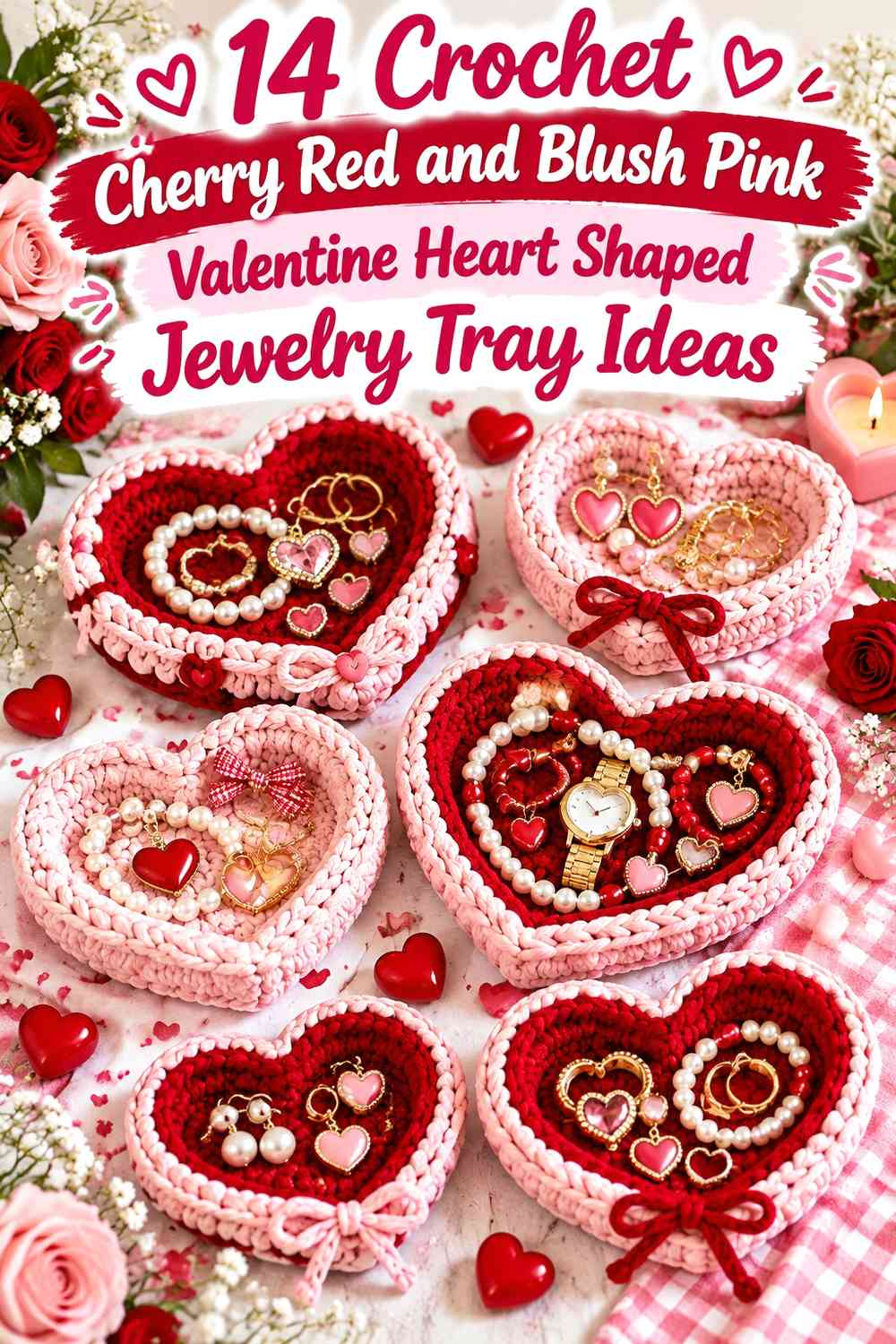 14 Crochet Cherry Red and Blush Pink Valentine Heart Shaped Jewelry ...