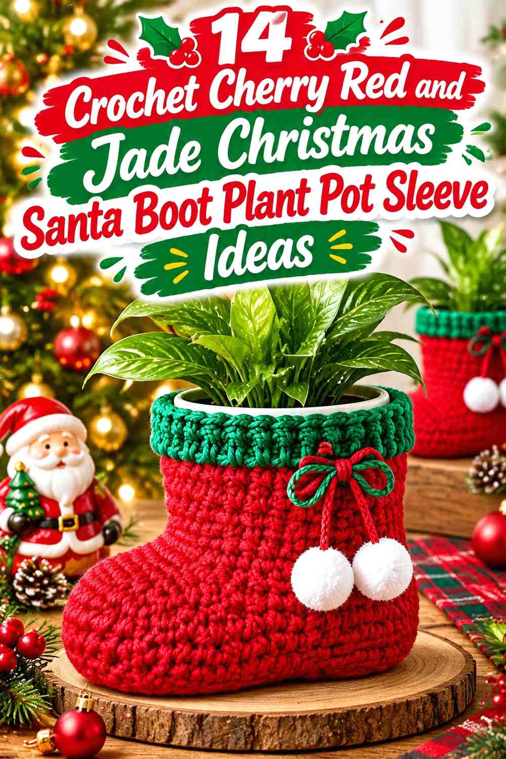 Crochet Cherry Red and Jade Christmas Santa Boot Plant Pot Sleeve Ideas