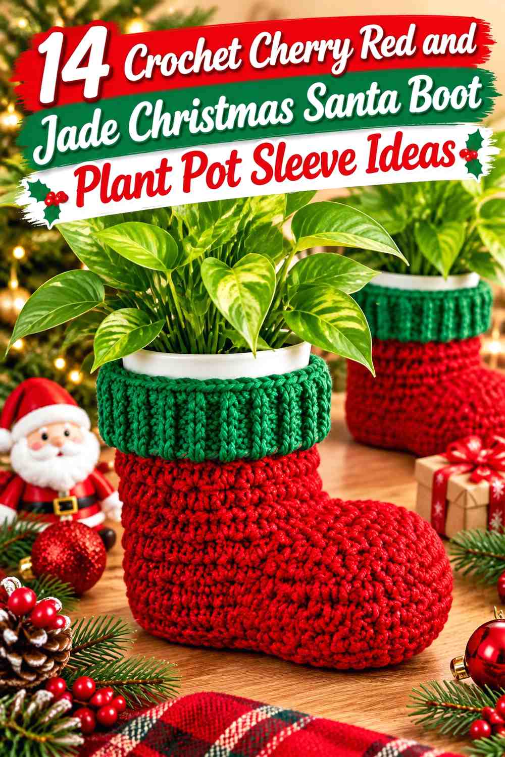 Crochet Cherry Red and Jade Christmas Santa Boot Plant Pot Sleeve Ideas