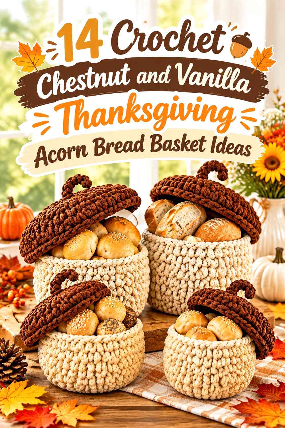 Crochet Chestnut and Vanilla Thanksgiving Acorn Bread Basket Ideas