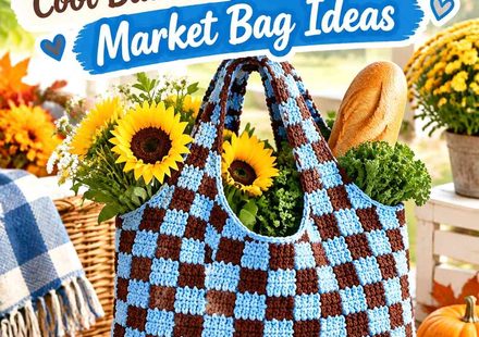 Crochet Chocolate Brown and Cool Blue Fall Checkerboard Market Bag Ideas