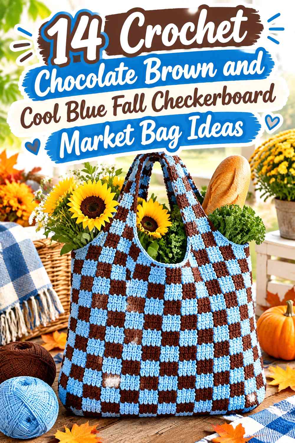 Crochet Chocolate Brown and Cool Blue Fall Checkerboard Market Bag Ideas