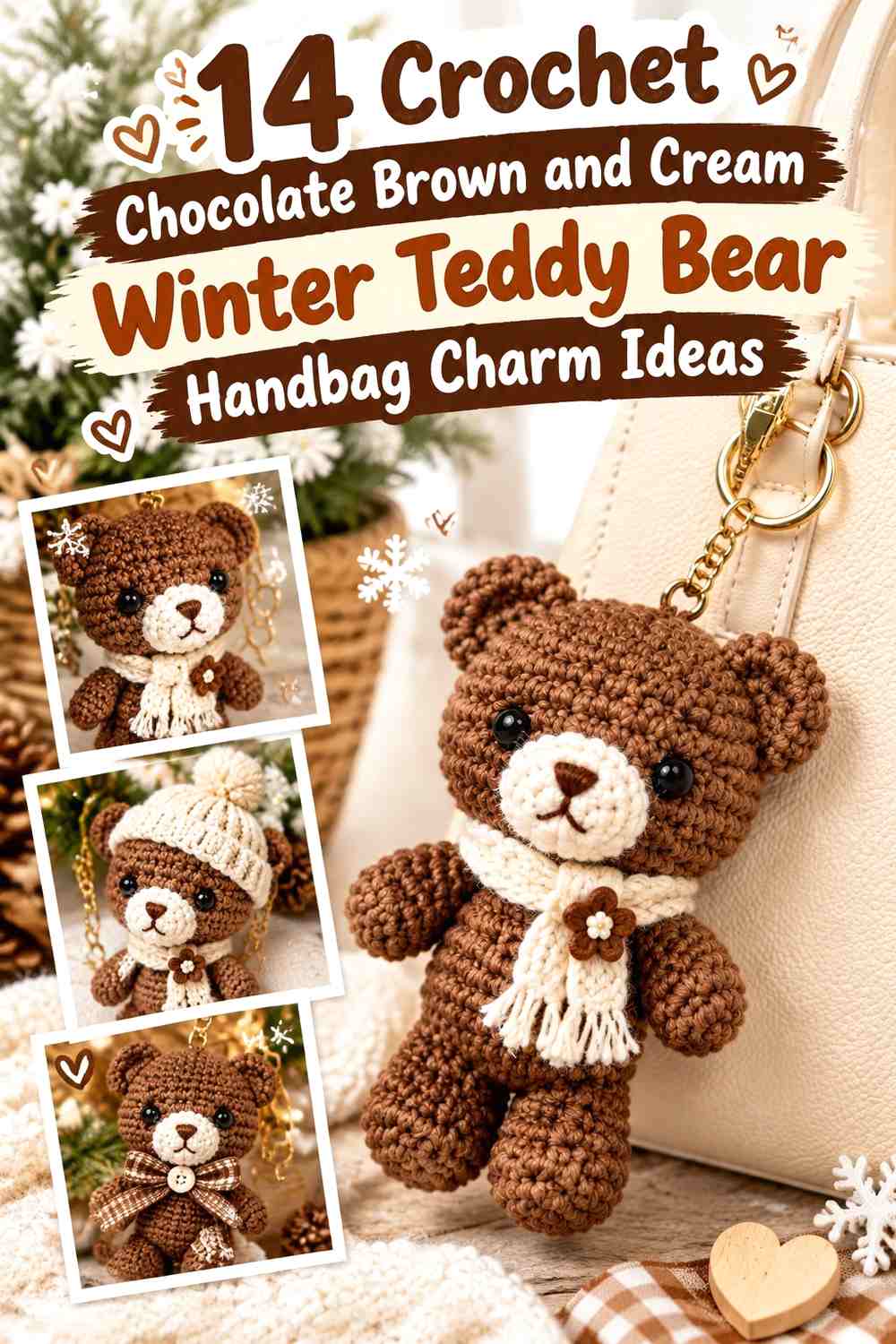 Chocolate Brown Crochet Teddy Charm With a Cream Winter Scarf