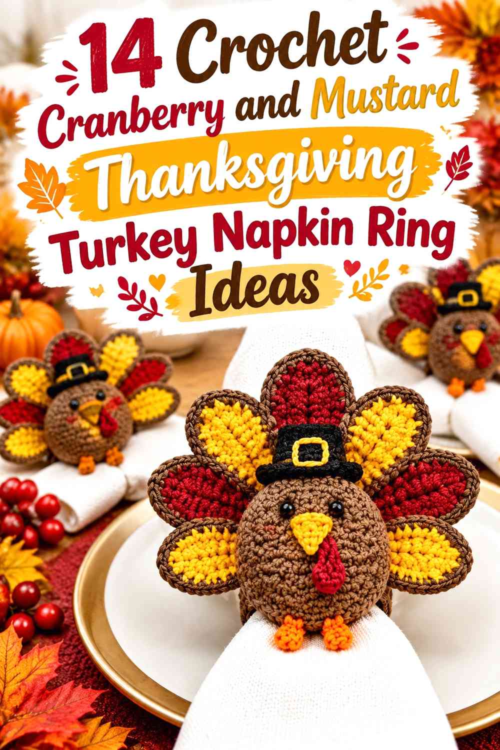 Crochet Cranberry and Mustard Thanksgiving Turkey Napkin Ring Ideas