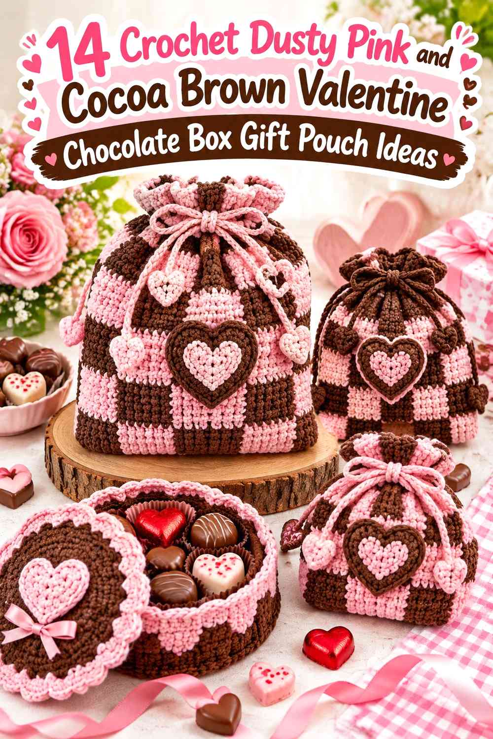 Crochet Dusty Pink and Cocoa Brown Valentine Chocolate Box Gift Pouch Ideas