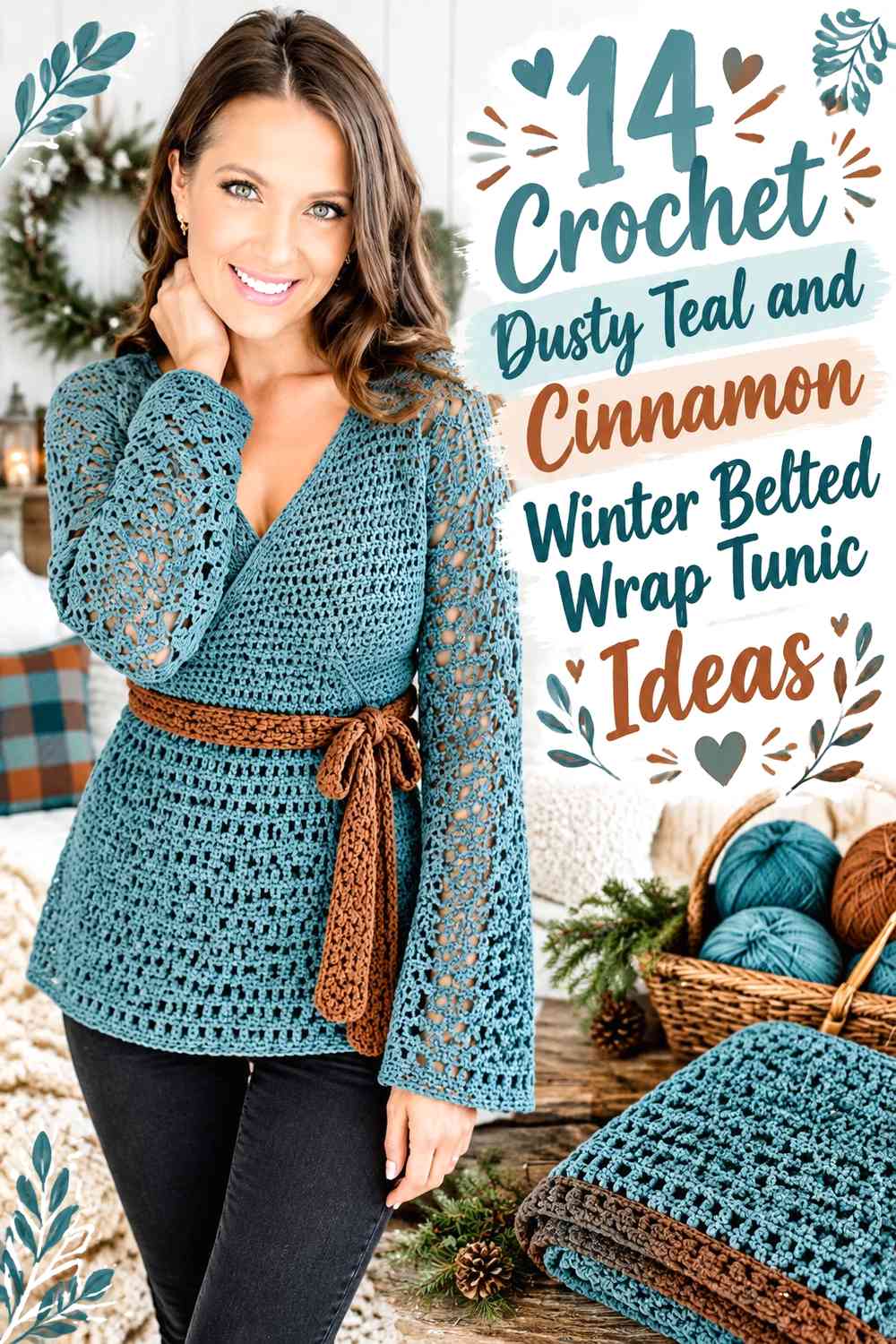 Crochet Dusty Teal and Cinnamon Winter Belted Wrap Tunic Ideas