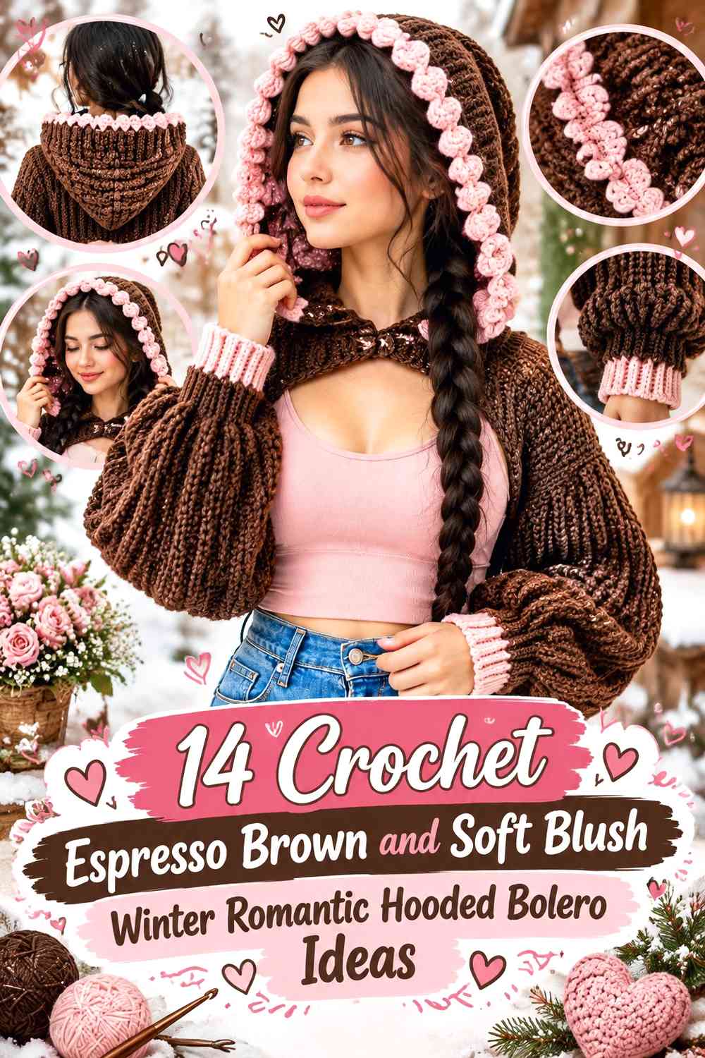 Crochet Espresso Brown and Soft Blush Winter Romantic Hooded Bolero Ideas