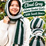 Crochet Forest Green and Cloud Gray Winter Hooded Scarf With Tassels Ideas