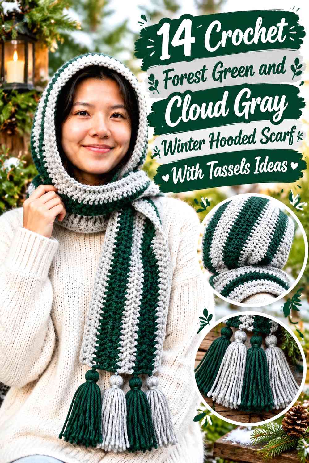 Crochet Forest Green and Cloud Gray Winter Hooded Scarf With Tassels Ideas