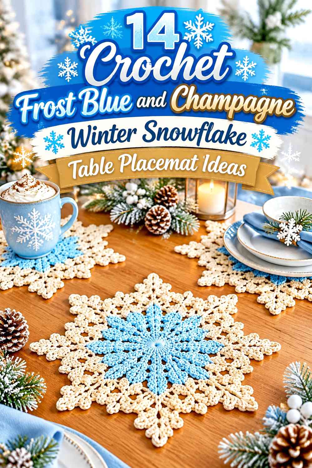 Crochet Frost Blue and Champagne Winter Snowflake Table Placemat Ideas