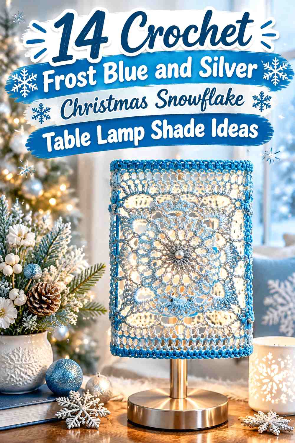 Crochet Frost Blue and Silver Christmas Snowflake Table Lamp Shade Ideas