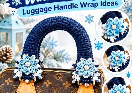 Crochet Ice Blue and Navy Winter Snowflake Luggage Handle Wrap Ideas