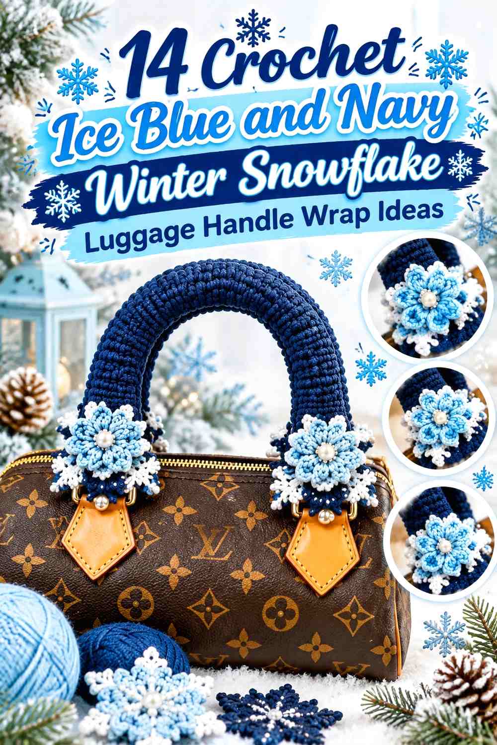Crochet Ice Blue and Navy Winter Snowflake Luggage Handle Wrap Ideas