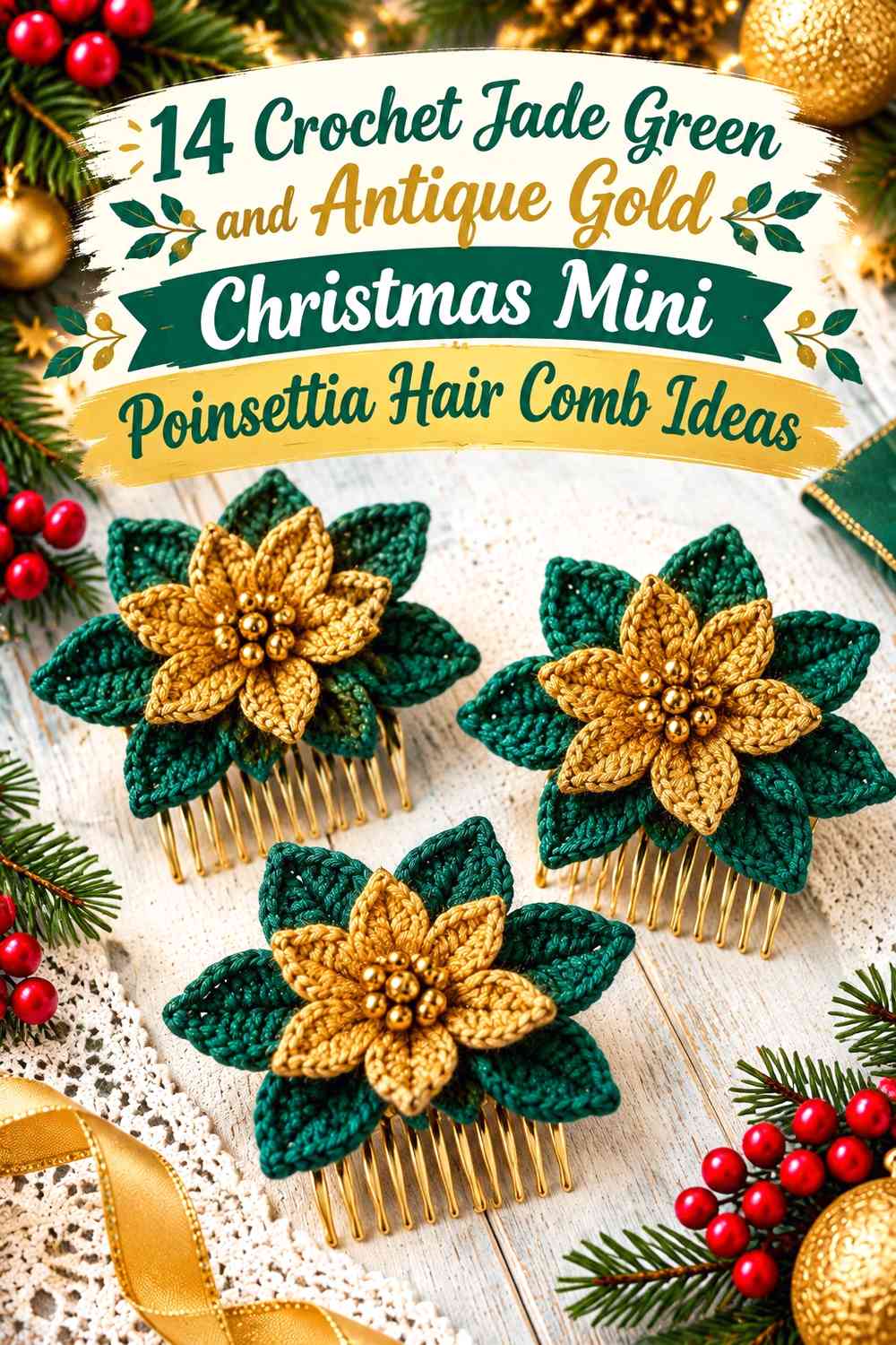 Crochet Jade Green and Antique Gold Christmas Mini Poinsettia Hair Comb Ideas